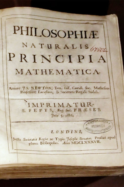 The 1687 original leather-bound frontispiece of Isaac Newton's Principia Mathematica.